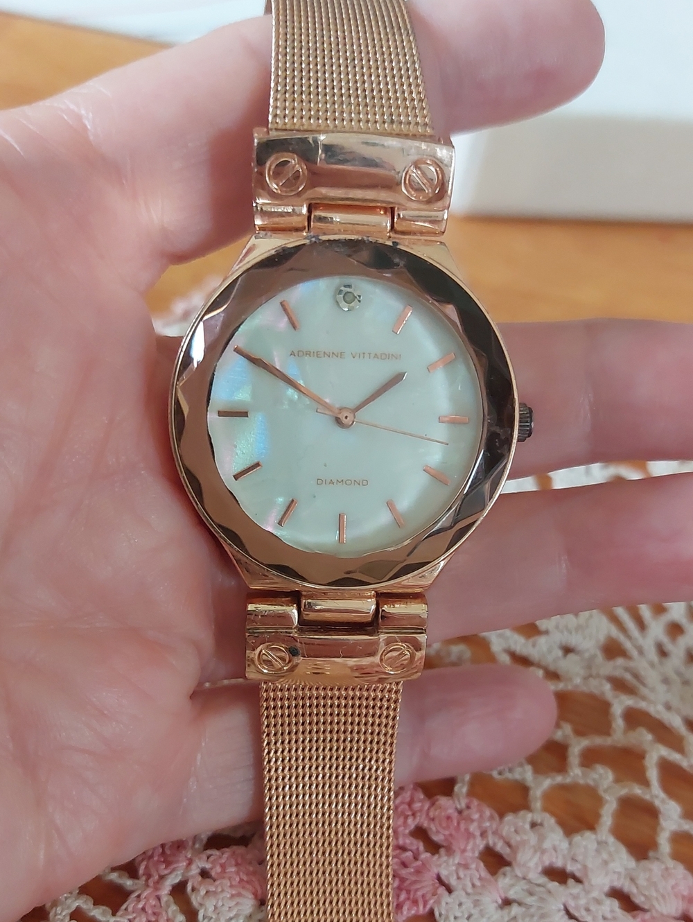 Adrienne Vittadini Rose Gold Mother of Pearl Diamond Dial Watch Working